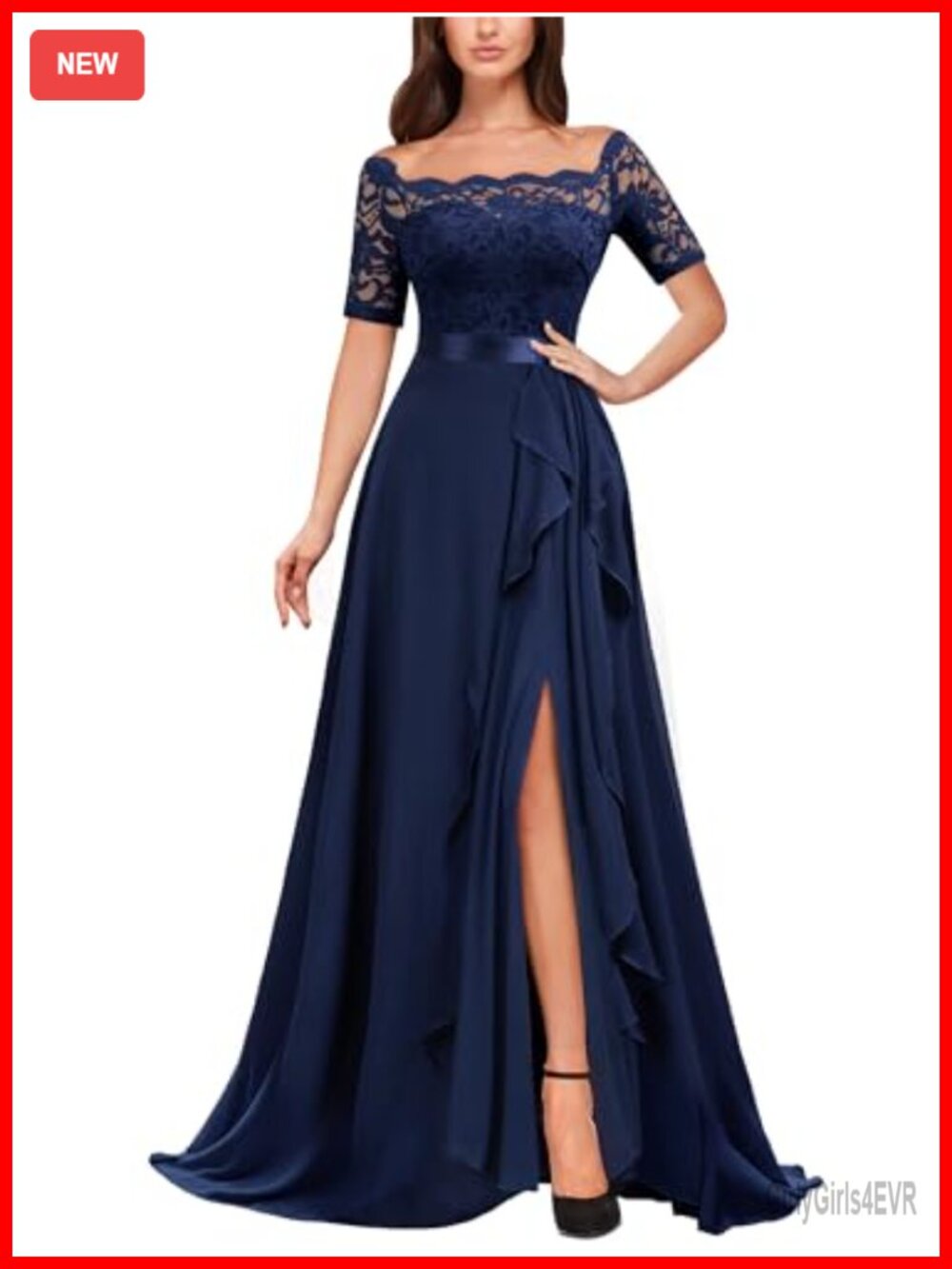 Off Shoulder Floral Lace High Split Chiffon Bridesmaid Gown Formal Maxi Dress